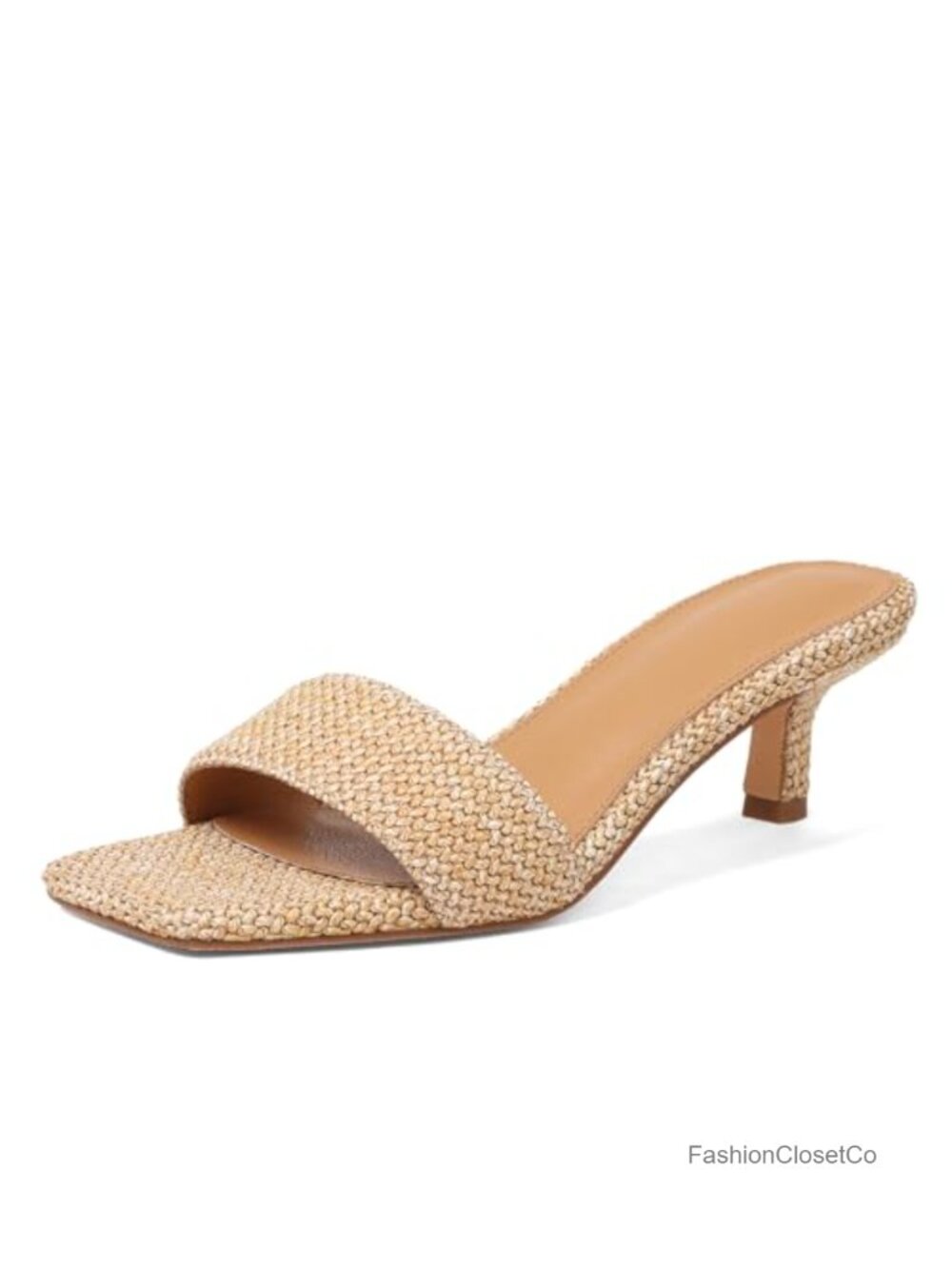 Kitten Heel Sandals Raffia Woven 2 Inch Square Open Toe Slip On Summer Casual